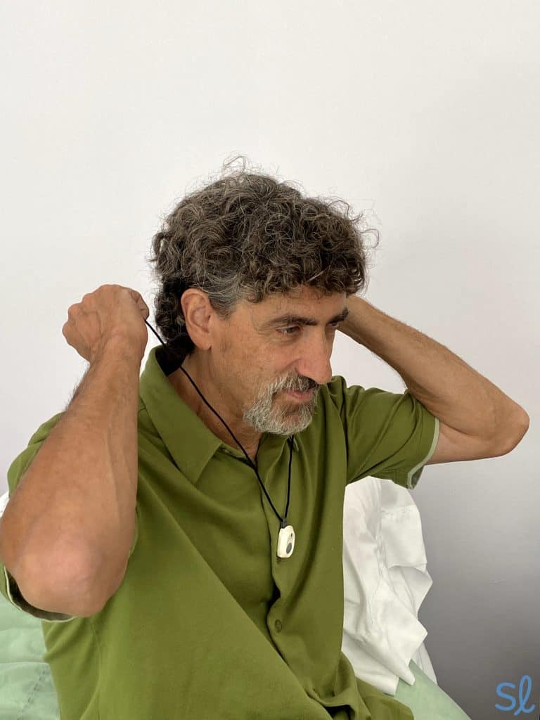 Our Editor Jeff Hoyt wearing the Bay Alarm Medical Fall Detection Pendant